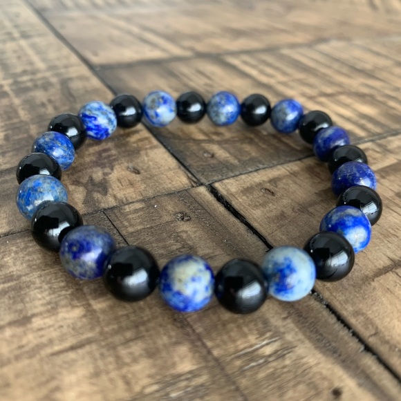 Onyx & Lapis Lazuli Chakra Stretch Bead Bracelet - Picture 3 of 4